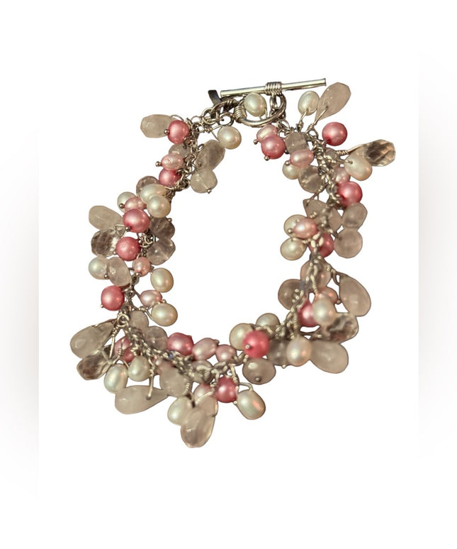 Lovely sterling silver 925 rose quartz pearl crystal cha cha dangle bracelet