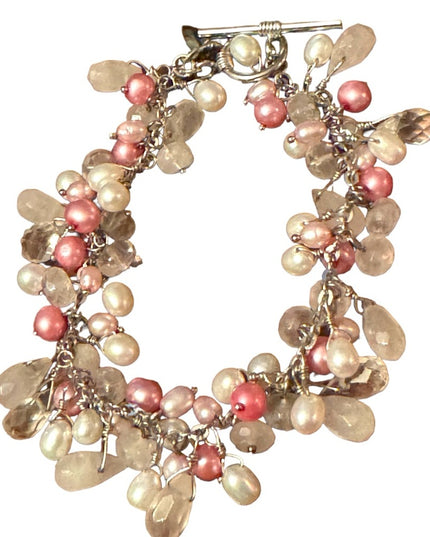 Lovely sterling silver 925 rose quartz pearl crystal cha cha dangle bracelet