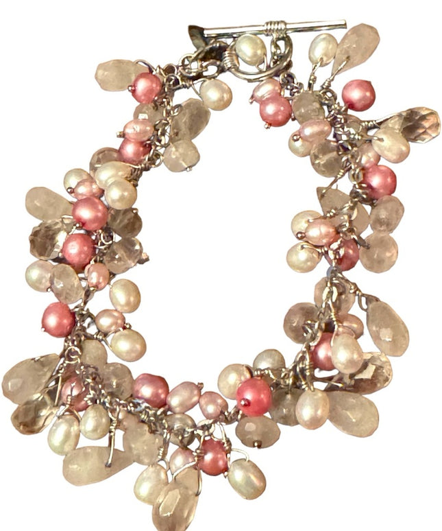 Lovely sterling silver 925 rose quartz pearl crystal cha cha dangle bracelet