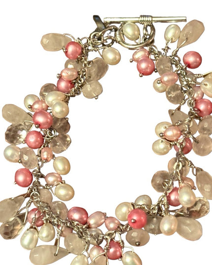 Lovely sterling silver 925 rose quartz pearl crystal cha cha dangle bracelet