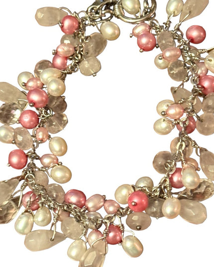 Lovely sterling silver 925 rose quartz pearl crystal cha cha dangle bracelet