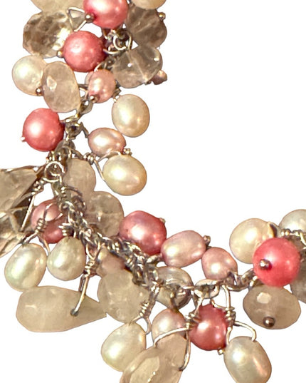 Lovely sterling silver 925 rose quartz pearl crystal cha cha dangle bracelet