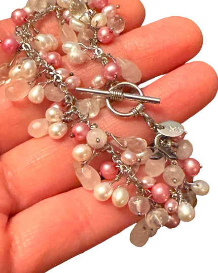 Lovely sterling silver 925 rose quartz pearl crystal cha cha dangle bracelet