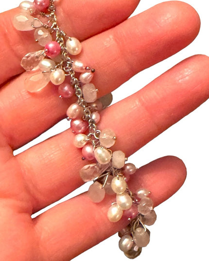 Lovely sterling silver 925 rose quartz pearl crystal cha cha dangle bracelet