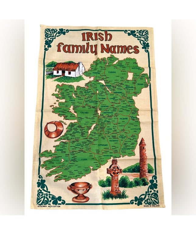 Lovely vintage Irish family names tea towel linen & cotton LN