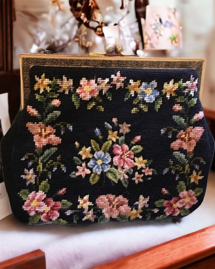Antique Petite point flowers spectacular purse needlepoint