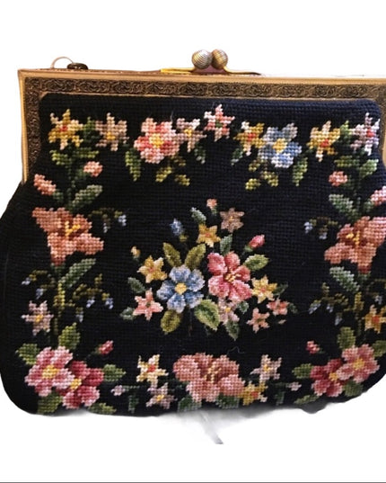 Antique Petite point flowers spectacular purse needlepoint