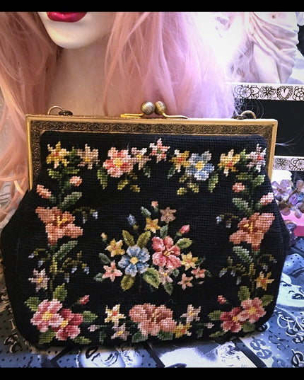Antique Petite point flowers spectacular purse needlepoint