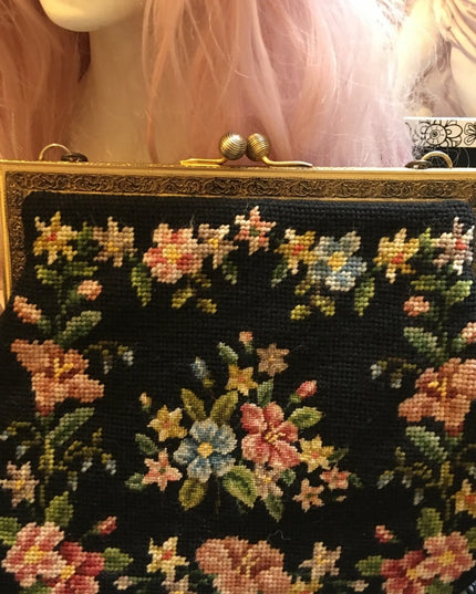 Antique Petite point flowers spectacular purse needlepoint