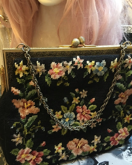 Antique Petite point flowers spectacular purse needlepoint