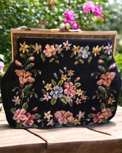 Antique Petite point flowers spectacular purse needlepoint