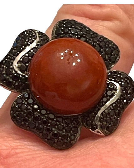 Lovely Stunning Black Onyx & Carnelian LG sterling silver 925 flower ring