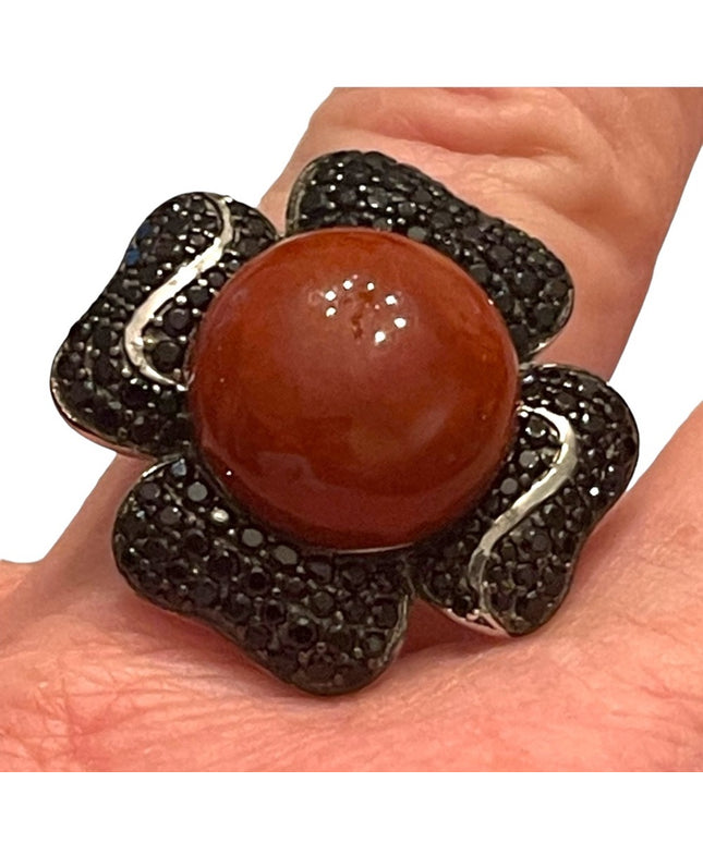 Lovely Stunning Black Onyx & Carnelian LG sterling silver 925 flower ring