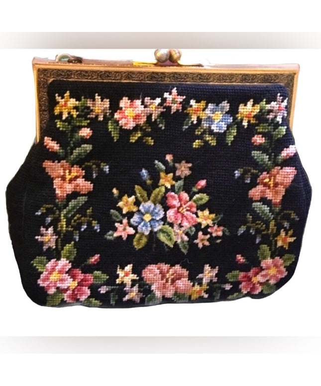 Antique Petite point flowers spectacular purse needlepoint
