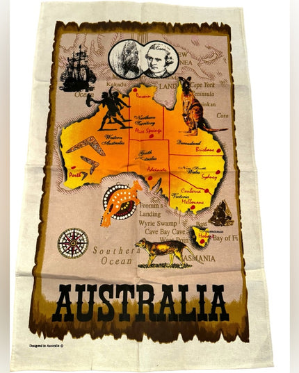 Vintage tea towel 20x32” Australia  Linen mid century kitchen