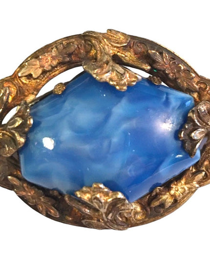 Vintage Blue glass silver Victorian styled brooch