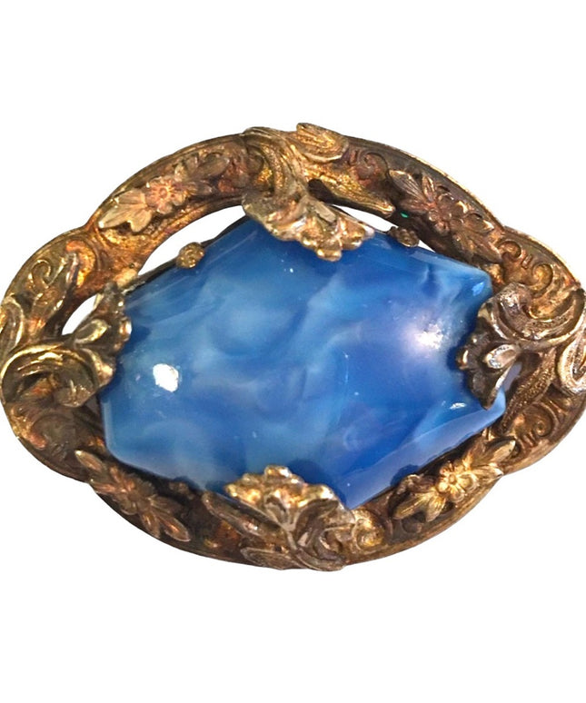 Vintage Blue glass silver Victorian styled brooch
