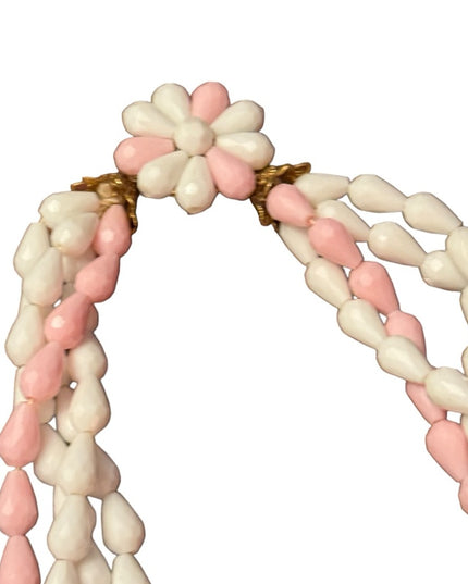 Vintage pastel pink & white plastic West Germany multistrand necklace daisy 1970