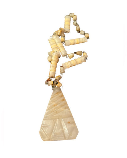 MEXICO CARVED WHITE ONYX TRIBAL PENDANT BEAD NECKLACE Vintage Natural Stone