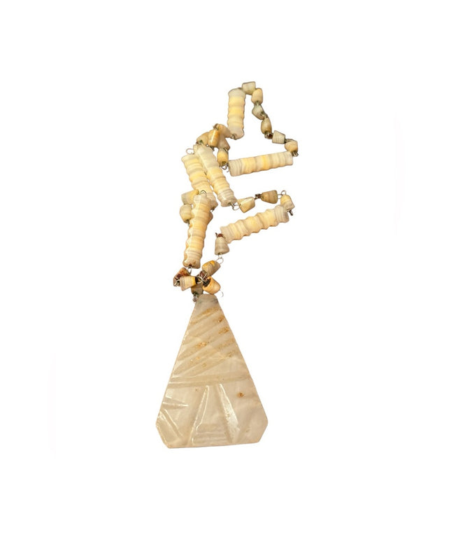 MEXICO CARVED WHITE ONYX TRIBAL PENDANT BEAD NECKLACE Vintage Natural Stone
