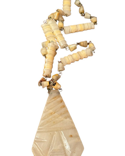 MEXICO CARVED WHITE ONYX TRIBAL PENDANT BEAD NECKLACE Vintage Natural Stone