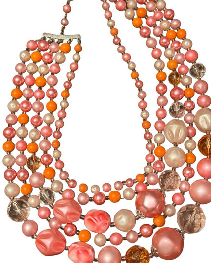 Vintage 1960s pastel pink white crystal fancy resin glass multi strand necklace