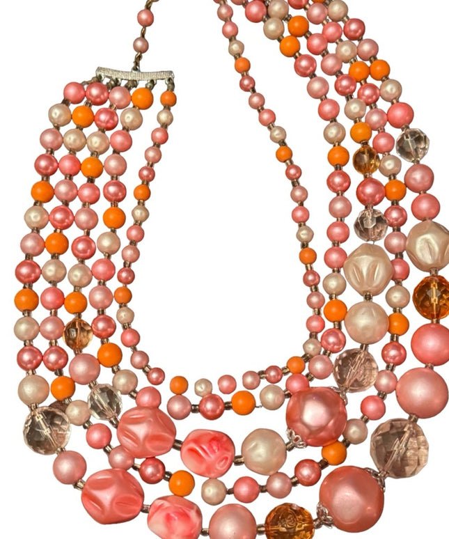 Vintage 1960s pastel pink white crystal fancy resin glass multi strand necklace