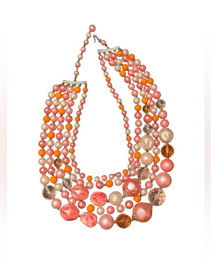 Vintage 1960s pastel pink white crystal fancy resin glass multi strand necklace