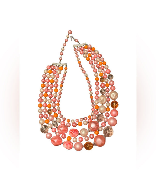 Vintage 1960s pastel pink white crystal fancy resin glass multi strand necklace