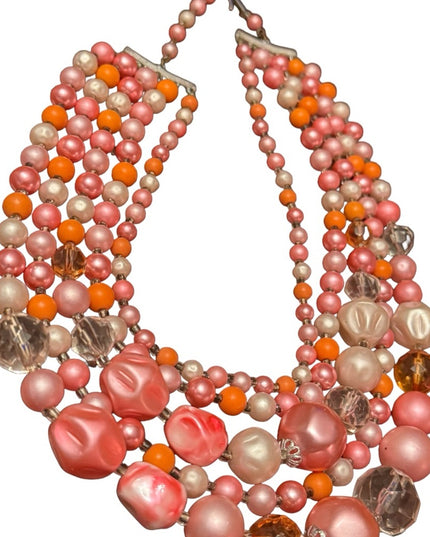 Vintage 1960s pastel pink white crystal fancy resin glass multi strand necklace
