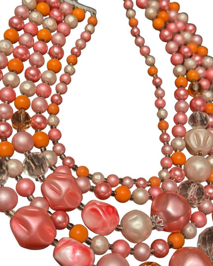 Vintage 1960s pastel pink white crystal fancy resin glass multi strand necklace