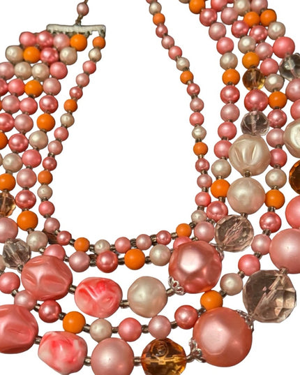 Vintage 1960s pastel pink white crystal fancy resin glass multi strand necklace
