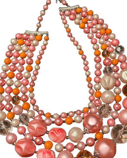 Vintage 1960s pastel pink white crystal fancy resin glass multi strand necklace