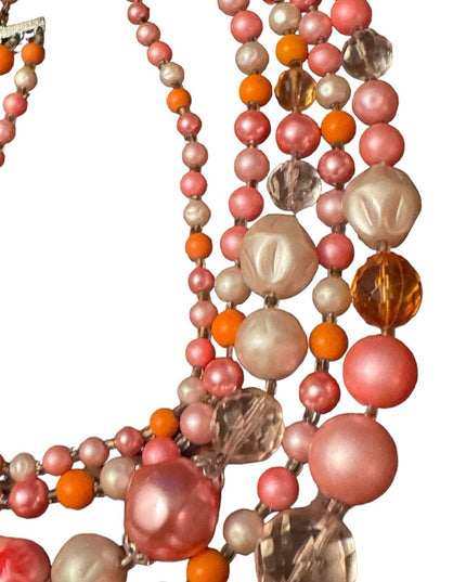 Vintage 1960s pastel pink white crystal fancy resin glass multi strand necklace