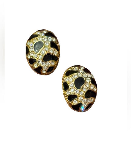 Vintage high quality black enamel rhinestone crystal gokd finish clip earrings