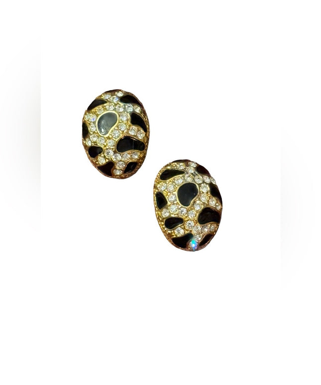 Vintage high quality black enamel rhinestone crystal gokd finish clip earrings