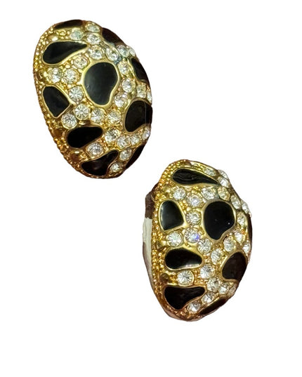 Vintage high quality black enamel rhinestone crystal gokd finish clip earrings