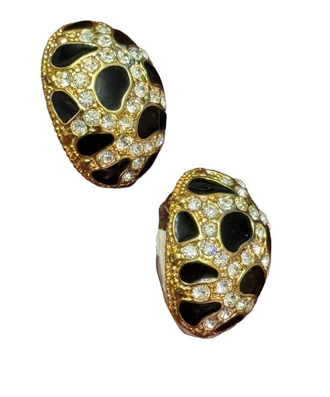 Vintage high quality black enamel rhinestone crystal gokd finish clip earrings