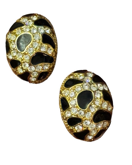 Vintage high quality black enamel rhinestone crystal gokd finish clip earrings
