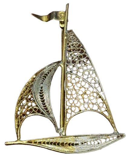 Vintage 800 silver gold washed large sail boat filagree brooch