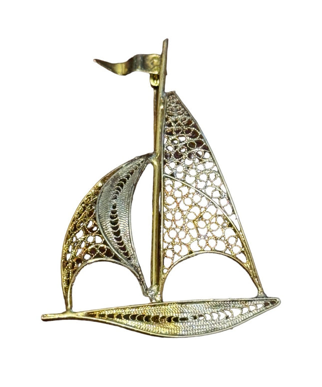 Vintage 800 silver gold washed large sail boat filagree brooch