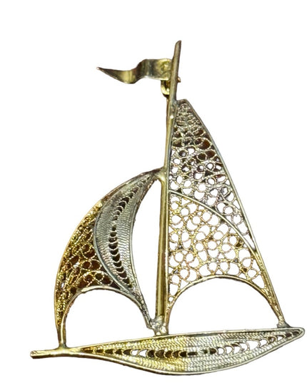 Vintage 800 silver gold washed large sail boat filagree brooch