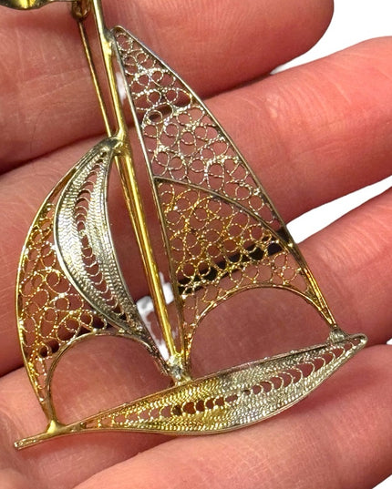 Vintage 800 silver gold washed large sail boat filagree brooch