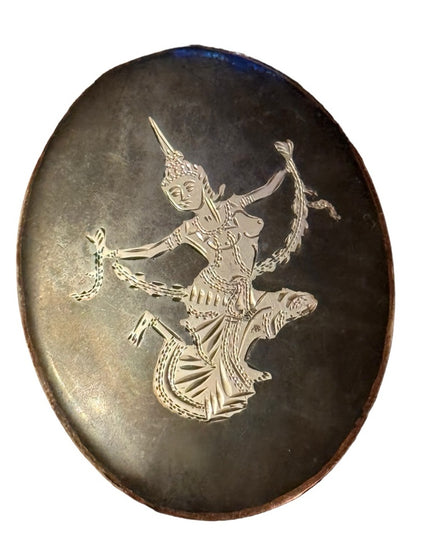 Vintage sterling silver Siam Thailand black enameled oval brooch goddess