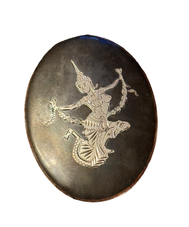 Vintage sterling silver Siam Thailand black enameled oval brooch goddess