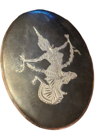 Vintage sterling silver Siam Thailand black enameled oval brooch goddess