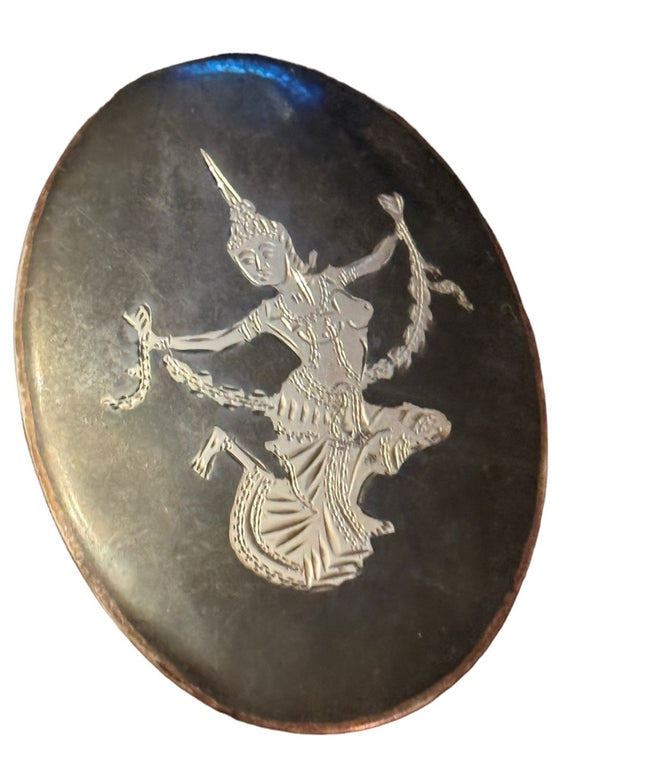 Vintage sterling silver Siam Thailand black enameled oval brooch goddess