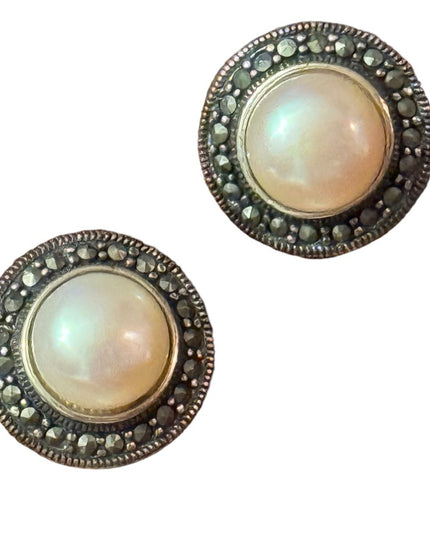 Sterling silver CFJ 925 Marcasite pearl earrings