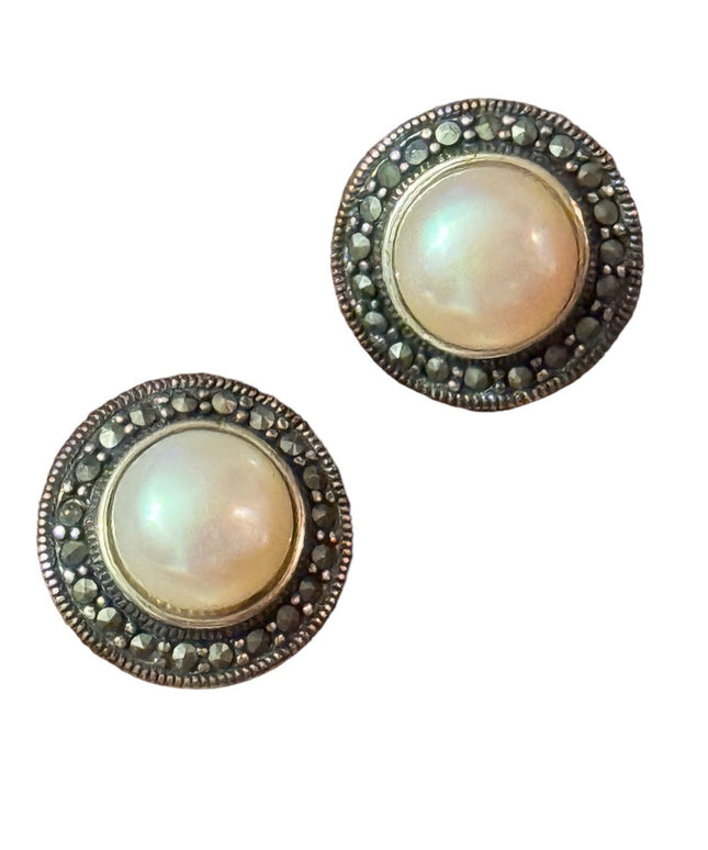 Sterling silver CFJ 925 Marcasite pearl earrings
