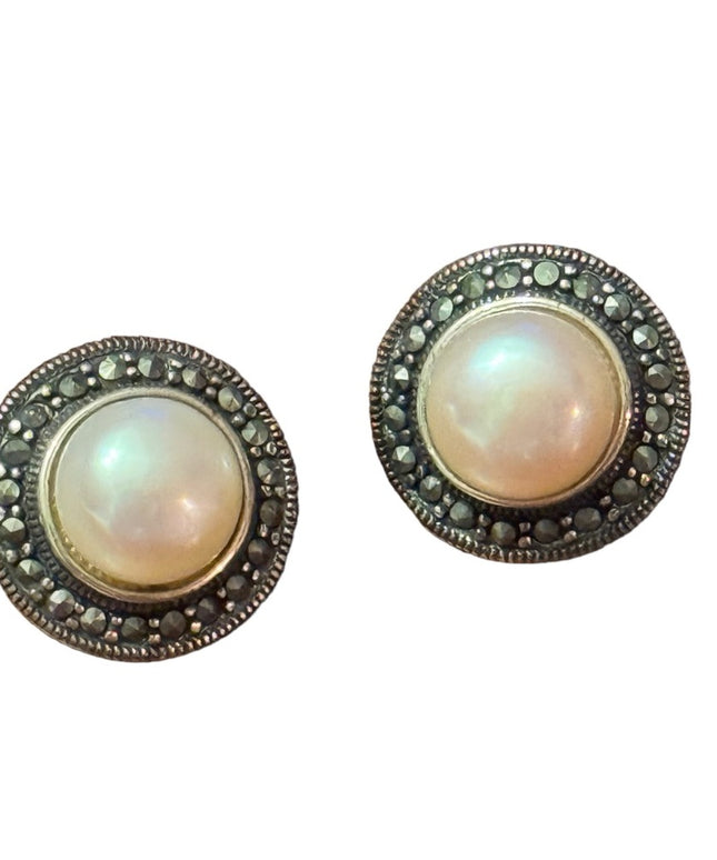 Sterling silver CFJ 925 Marcasite pearl earrings